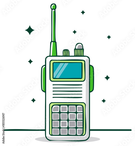 Cartoon illustration of a green and white walkie-talkie, two-way radio communication device.