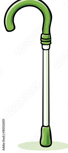 Cartoon Style Illustration of a Green Walking Cane or Stick for Mobility Assistance and Support