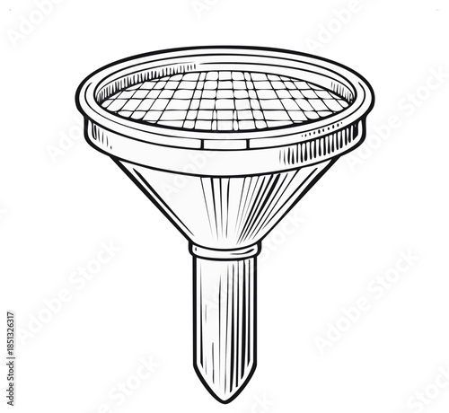 Funnel Drawing with Grid, Single Object Illustration, Black Lines, Liquid Transfer Equipment