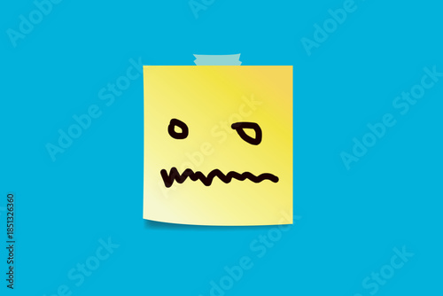 Angry faces drawn on sticky notes.