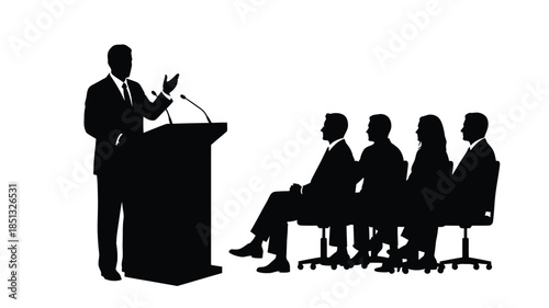 A silhouette of a speaker addressing an audience during a formal presentation or lecture