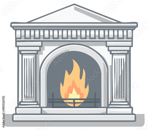 Illustration of a classic fireplace with burning fire, decorative mantel