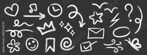 hand drawn, free hand , doodle art graphic elents,  with chalk brush stroke, on black background. 