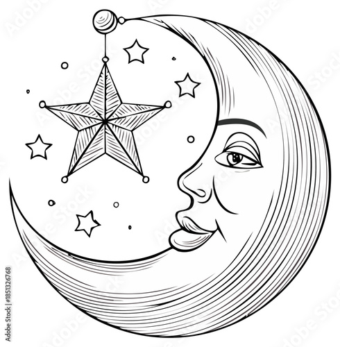 Whimsical crescent moon with a friendly face and hanging star black and white illustration
