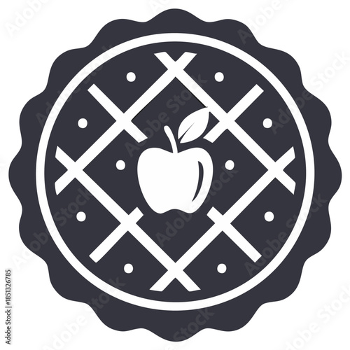Graphic illustration of an apple pie, with lattice crust and decorative border, vector.