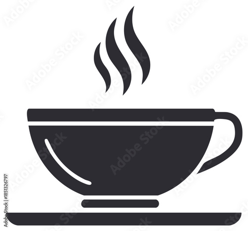 Steaming beverage in cup on saucer conveys warmth and simple pleasure of hot drink.