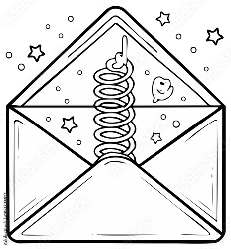 Surprise Spring Toy in Envelope Illustration Black and White Stars