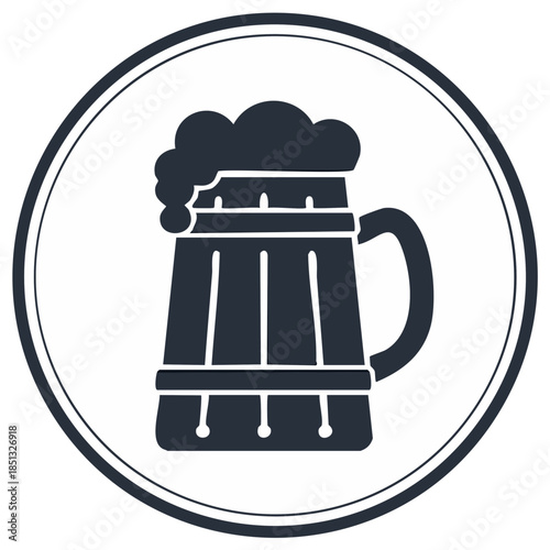 Dark silhouette of a frothy beer mug within a circle