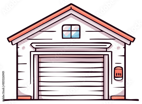 Isolated Garage Exterior Facade with Closed Roller Door in Cartoon Drawing Style