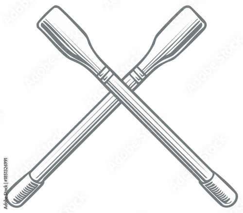 Crossed oars illustration depicting marine sport equipment; rowing accessories in graphic style