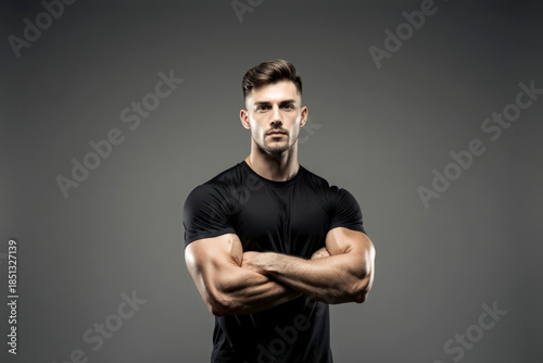 Young handsome man ready for gym against gray background