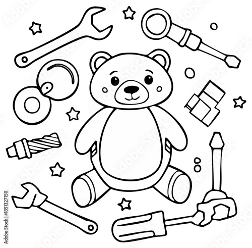 Cute teddy bear surrounded by hand tools and stars coloring page for children