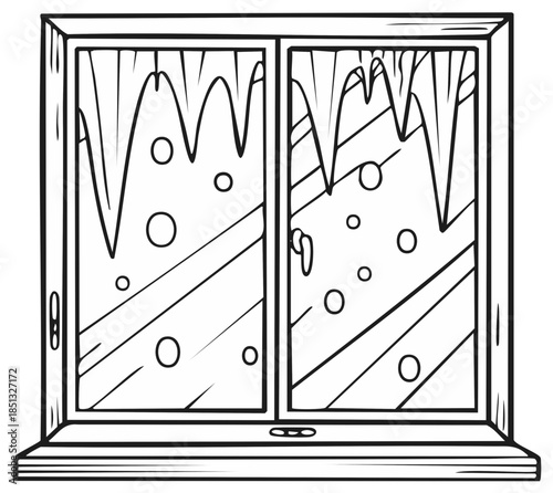 Winter Window Pane with Icicles and Snowfall Black and White Vector Drawing