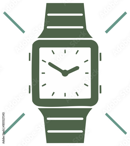 Olive Green Square Wristwatch Icon with Metal Band and Square Face, Timepiece Depicting a Classic Accessory