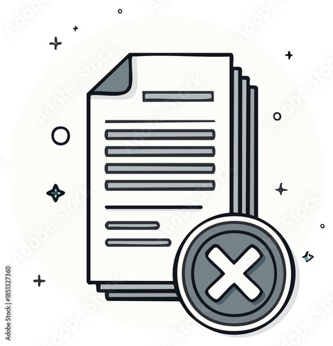 Stack of paper documents with a cross mark symbol for deletion or rejection