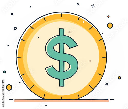 Illustrated Gold Dollar Coin with the Dollar Sign, Financial Concept, and Business