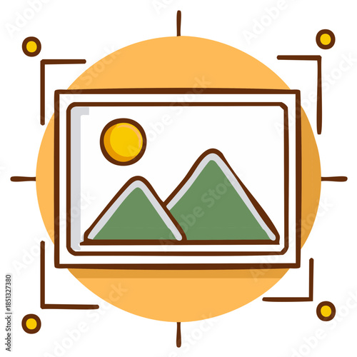 Picture frame with mountains and sun icon representing photography gallery or image editing software concept