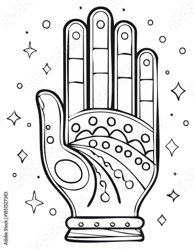 Stylized spiritual hand illustration with intricate patterns. Elegant line art for a mindful coloring page. Mystical good luck symbol.