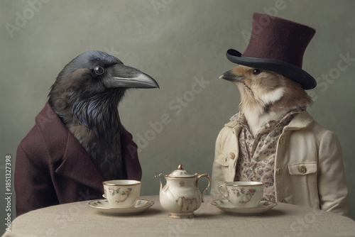 Raven and Finch Sharing Tea in a Quiet Café Setting