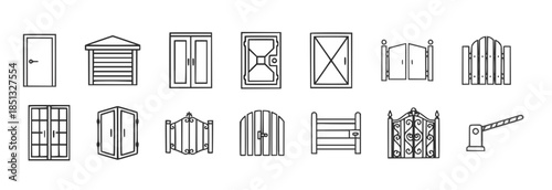 Door and gate  outline  icon set with multiple styles of wooden and metal doors fences and entrances , architectural elements neatly arranged, Concept of home security, architecture and access
