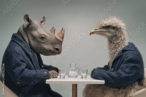 Rhinoceros and Ostrich in a Thoughtful Coffee Conversation