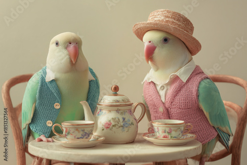 Two Parakeets Sharing Tea at a Pastel Café Table