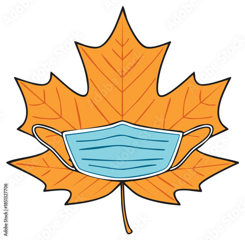 Autumn maple leaf wearing a blue medical face mask for seasonal health precautions