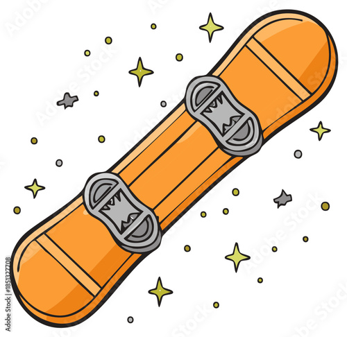 Orange Snowboard Isolated, Winter Sports Equipment with Bindings and Sparkles