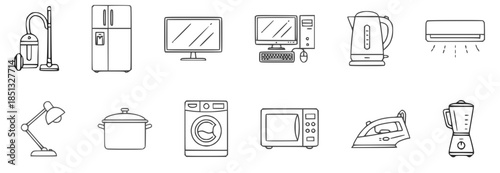 Minimal line outline icons set of household appliances including vacuum refrigerator computer kettle air conditioner lamp cookware washer microwave iron blender clean ,  modern home technology  