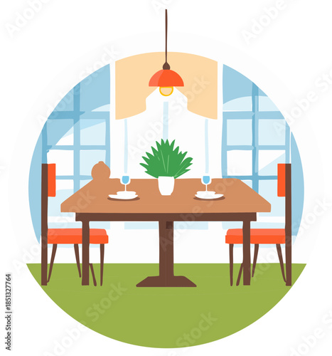 Dining room interior vector illustration featuring a wooden table set for two near a window with curtains and a lamp