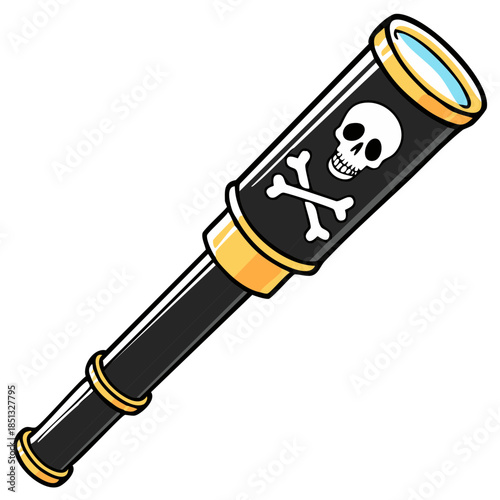 Cartoon Pirate Telescope Vector Isolated, Skull and Crossbones nautical accessory to spot distant treasures