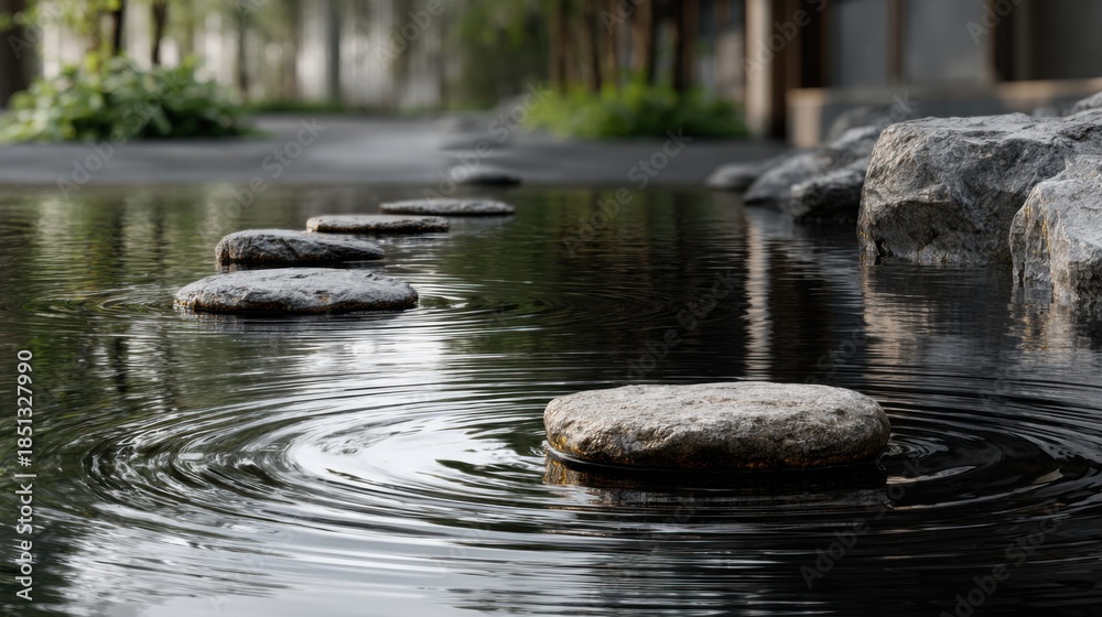 Fototapeta premium A close-up of rocks in the water, with waves around them and some greenery, creating an atmosphere of tranquility. The rocks stand at different heights to create steps for walking through the pond. 