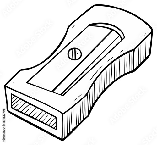 Hand drawn cartoon outline of a classic pencil sharpener tool for school office and art supplies