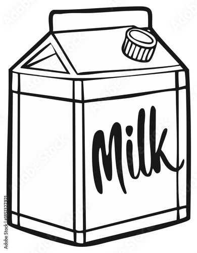 Hand drawn illustration of a milk carton with a cap, stylized font.