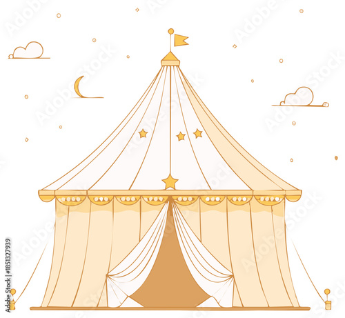 Illustration of a Circus Tent with Stars, Moon, Clouds, and a Flag on a White Background