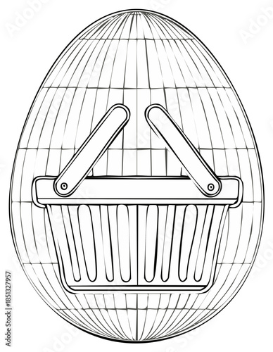Line art illustration of a shopping basket enclosed within an abstract egg shaped grid design