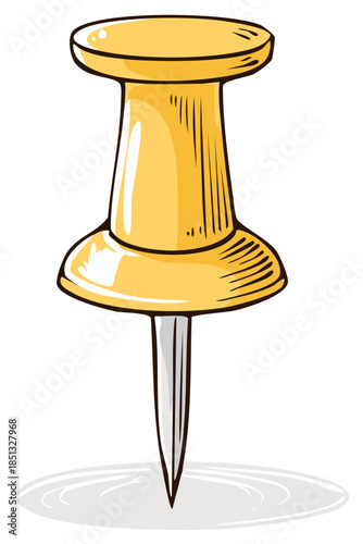 Yellow pushpin cartoon illustration fastening pin bulletin board reminder notice tack pointer stationery supply drawing style art