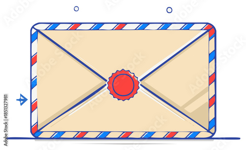 Classic airmail envelope with red wax seal and blue red white border