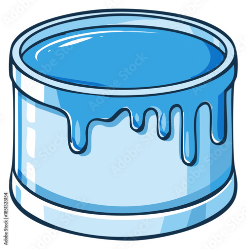 Cartoon blue paint can with dripping paint, creative illustration