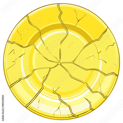 Cracked Yellow Ceramic Plate Cartoon Illustration, Broken Dishware