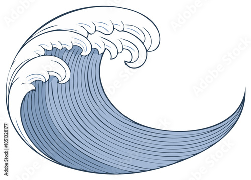 Stylized blue wave cresting and curling with foam elements in a decorative, graphic illustration