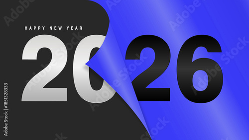 2026 Happy New Year typography design with blue peeling paper overlay on black