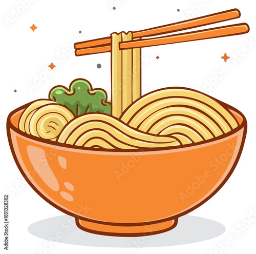 Delicious noodles in an orange bowl with chopsticks Asian cuisine inspiration