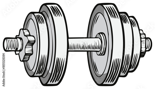 Dumbbell illustration in grayscale, fitness and weight training equipment. Heavy weights.