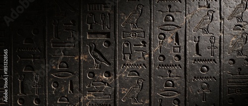Ancient Egyptian Hieroglyphs Carved in Dark Stone Wall Background