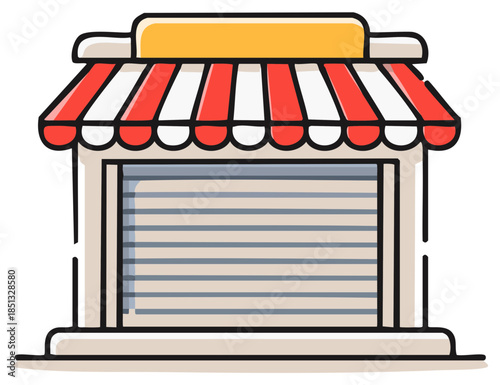 Cartoon illustration of a closed small business storefront with a roller shutter and striped awning