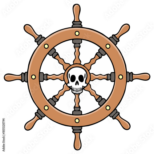 Wooden Ship Wheel with Skull Center Illustration Pirate Captain Nautical Steering Symbol Isolated Graphic