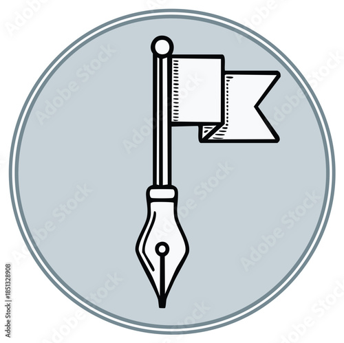 Ink pen nib and waving flag graphic design element for writing success