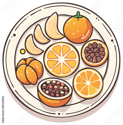 Colorful flat lay illustration of a fruit platter with oranges, tangerines, and slices