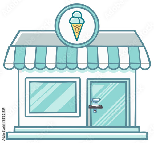 Cute cartoon illustration of an ice cream shop storefront with a striped awning and a cone sign